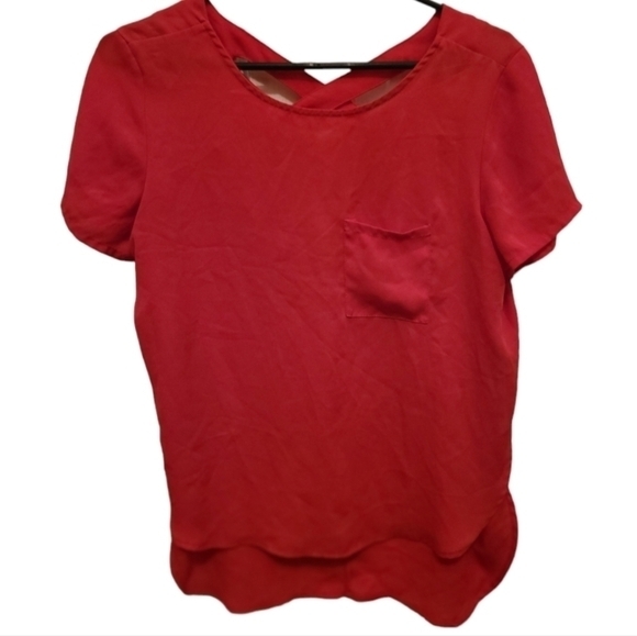 Lily White Womens Business Solid Red High Low Blouse W/ Pocket and CrissCross XS - Picture 1 of 5